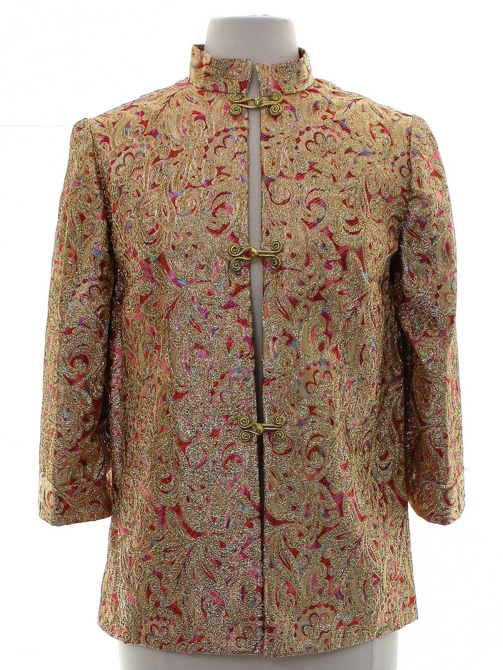 Vintage 90s Women's Medium Metallic Tunic Jacket Asian Inspired Hook Closure